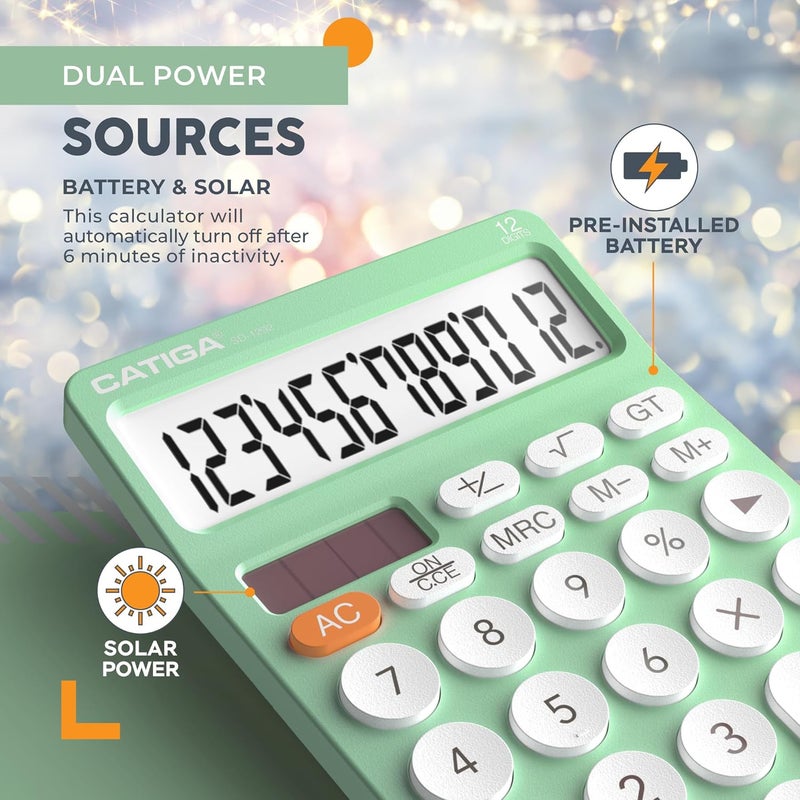 CATIGA 12 Digit Desktop Calculator Basic Desk Calculator with Large LCD Display, Big Buttons, 4 Function, Solar and Battery Dual Power, for Office, School, Home, SD-1292 Mint - Image 5